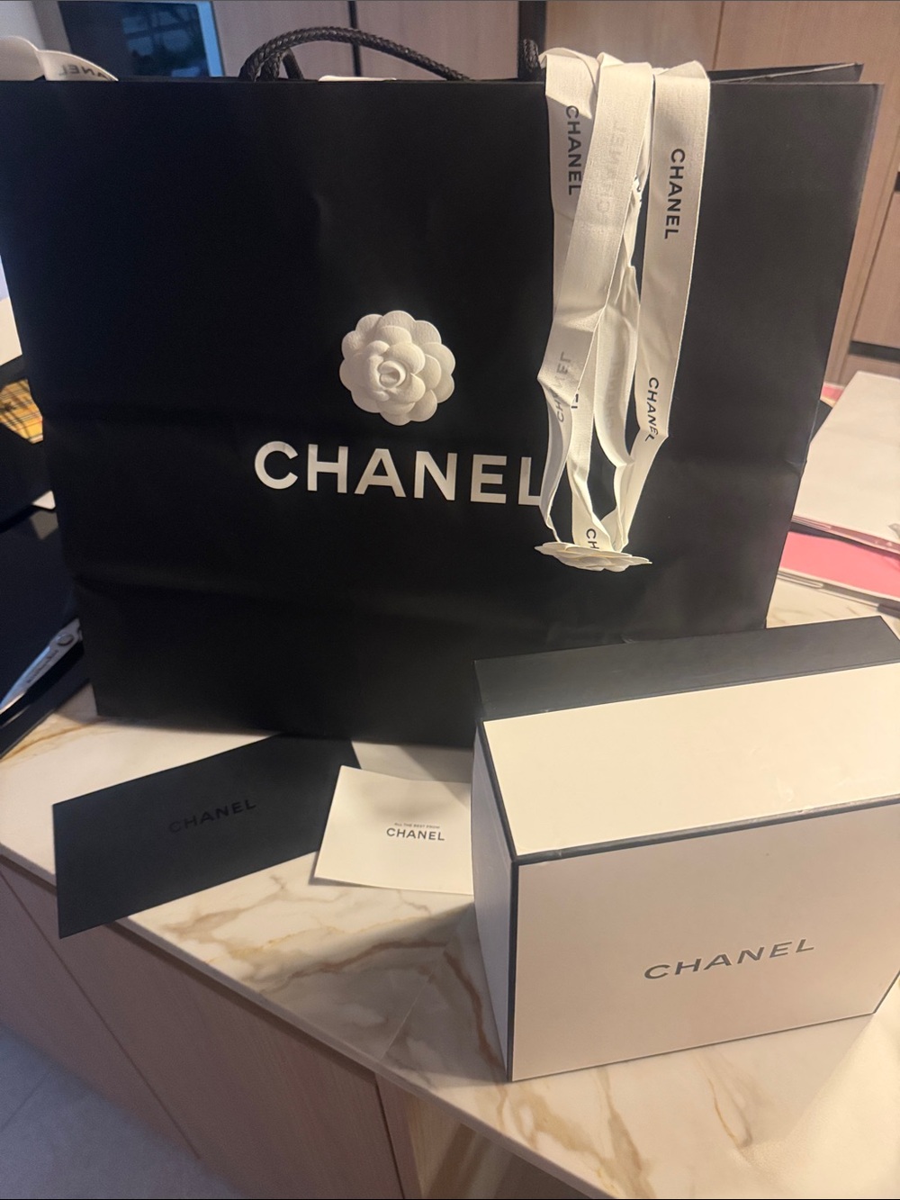 CHANEL Black and White Branded Shopping Bag with Ribbon and Box